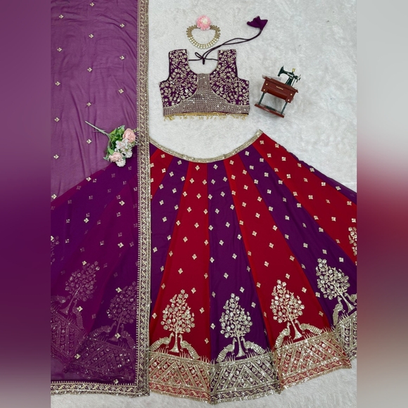 Lehenga Choli Set Heavy Embroidered Wedding Outfit Maroon Purplel Sangeet Garba - Picture 9 of 12